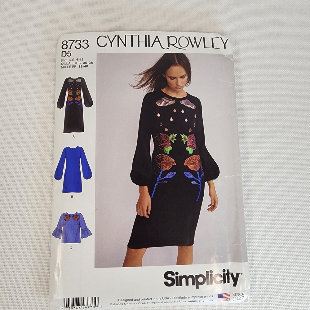 Simplicity 8733 Cynthia Rowley Dress, Top, Bishop Sleeves Sz 4-12 UNCUT Pattern